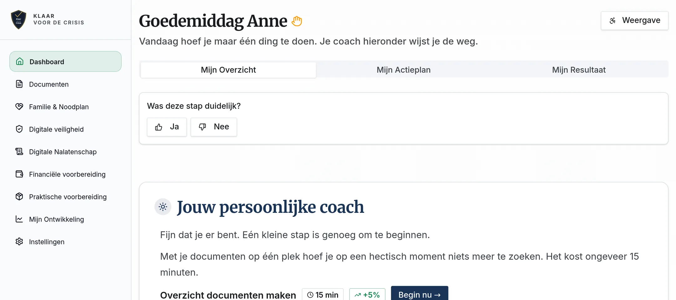 Scherm Jouw overzicht na het inloggen in het Persoonlijk Crisiscentrum