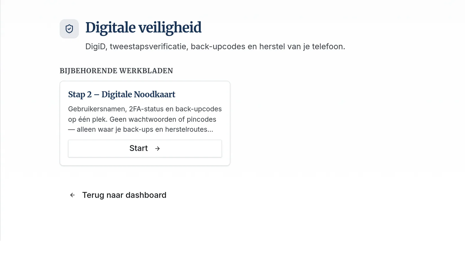 Scherm Wachtwoordherstelplan in het Persoonlijk Crisiscentrum